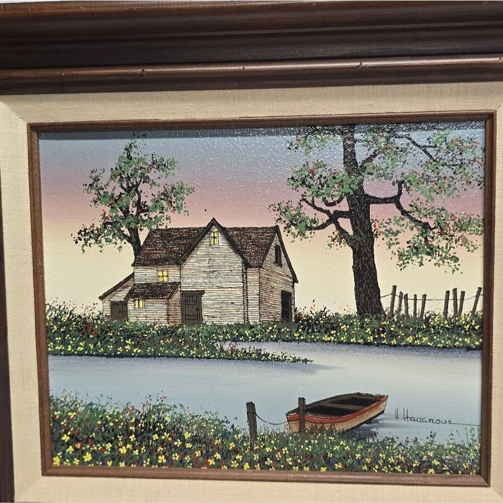 H Hargrove Original Oil Painting Set Lakehouse / Water Wheel Mill Vintage 1983